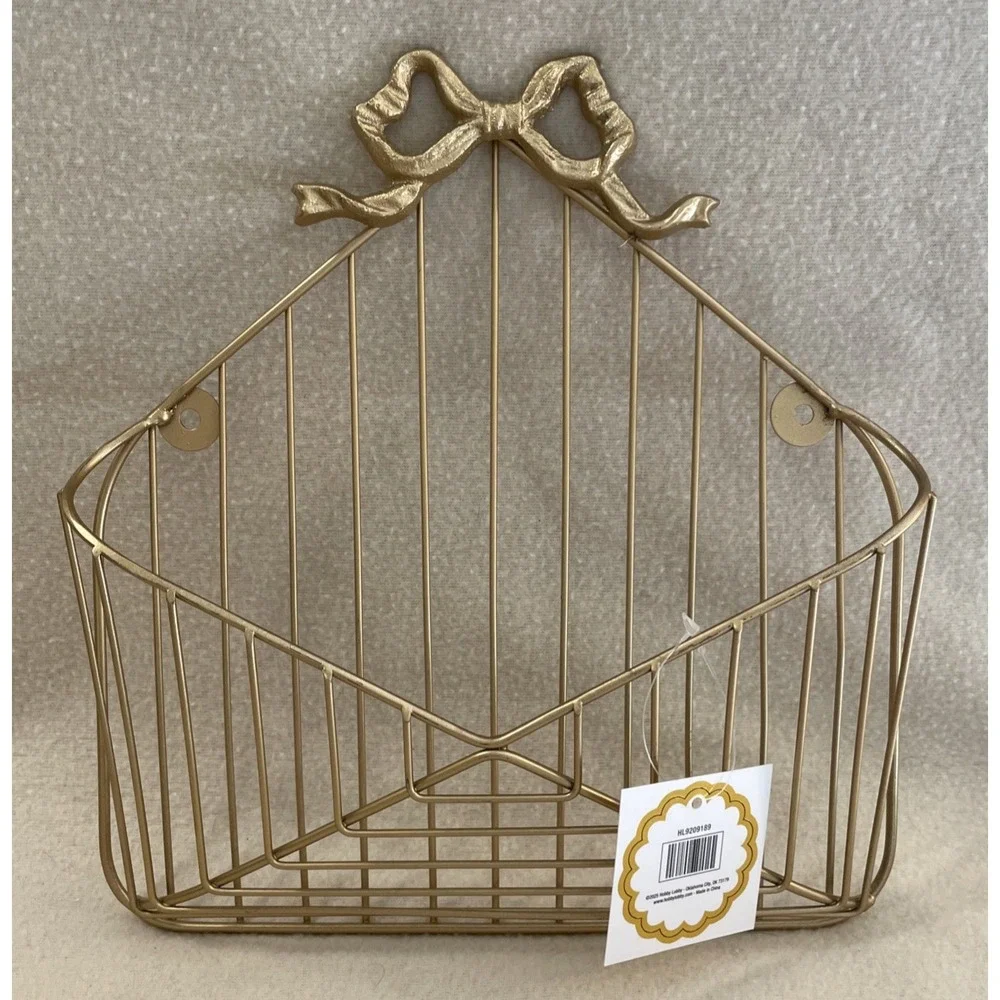 Gold Bow Top Envelope Wire Wall Mount Basket Organizing Hanging Mail Holder NEW